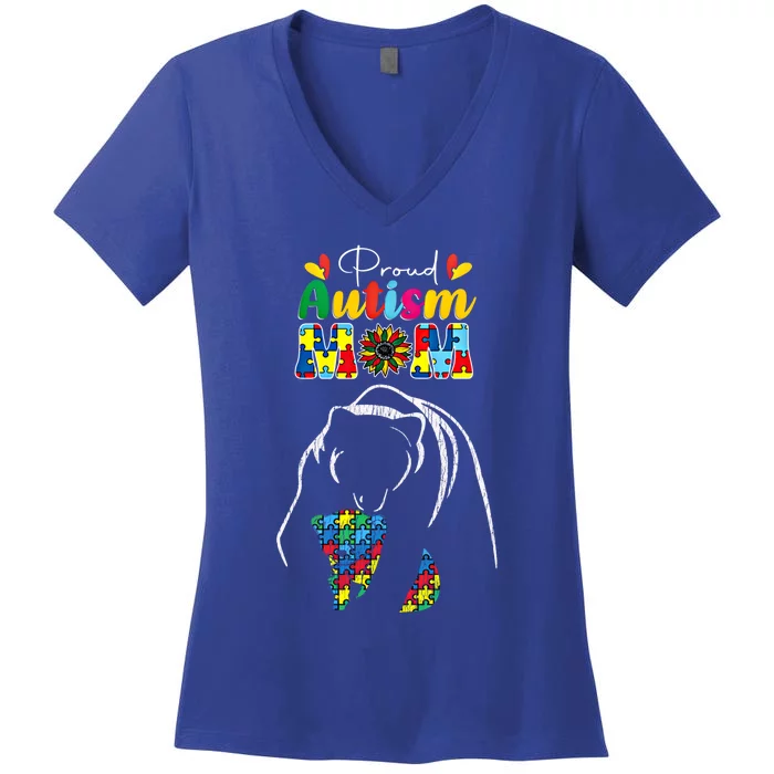 Proud Autism Mom Mother Autistic Awareness Mama Bear Funny Gift Women's V-Neck T-Shirt