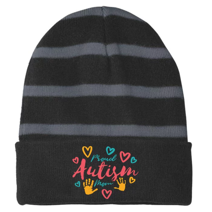 Proud Autism Mom Handprints Striped Beanie with Solid Band