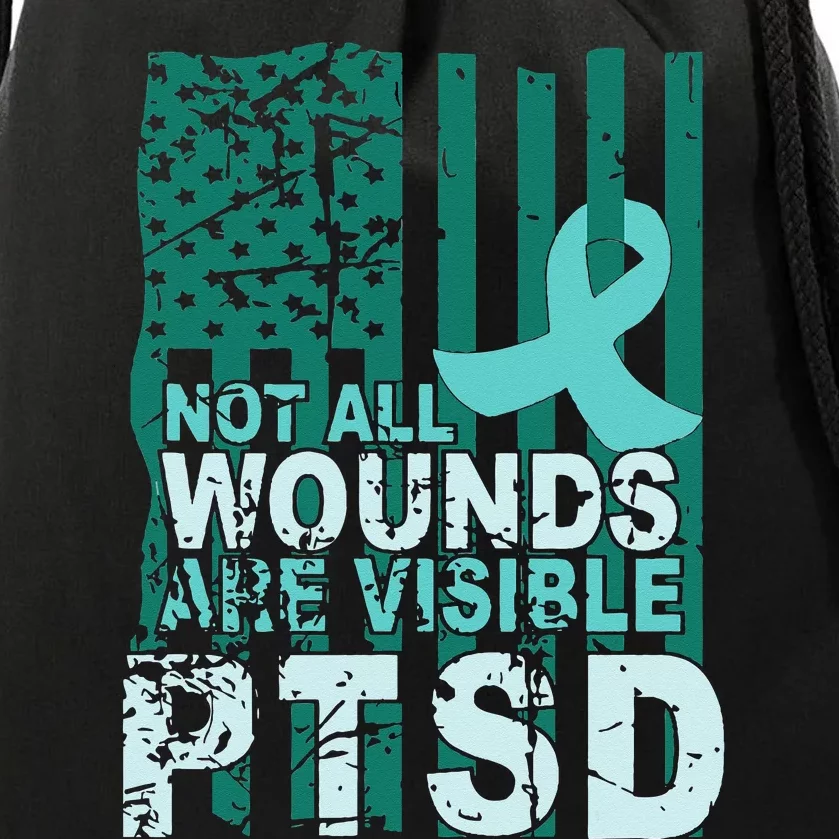 PTSD Awareness Not All Wounds Are Visible Teal Ribbon Flag Drawstring Bag