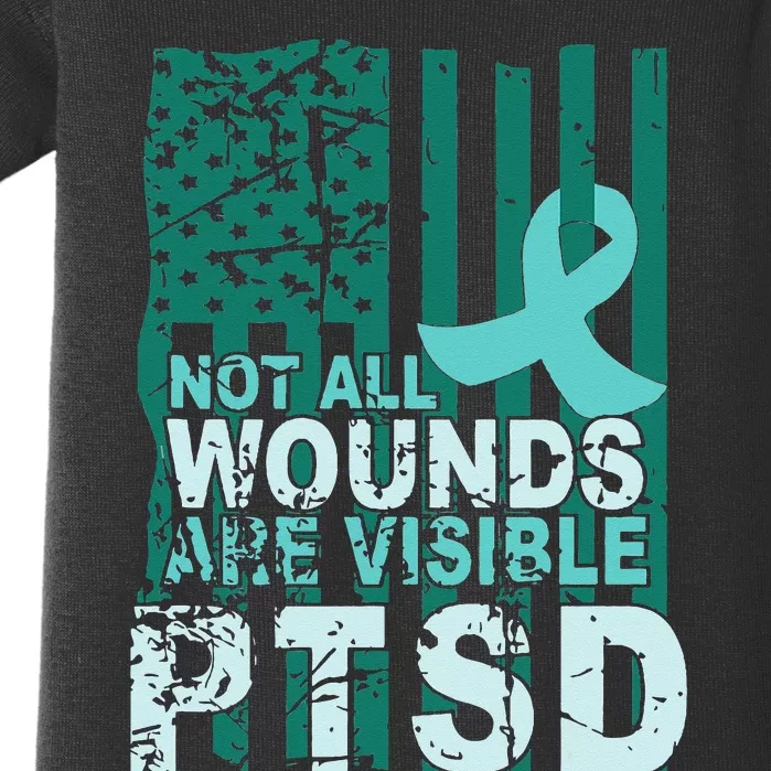 PTSD Awareness Not All Wounds Are Visible Teal Ribbon Flag Baby Bodysuit