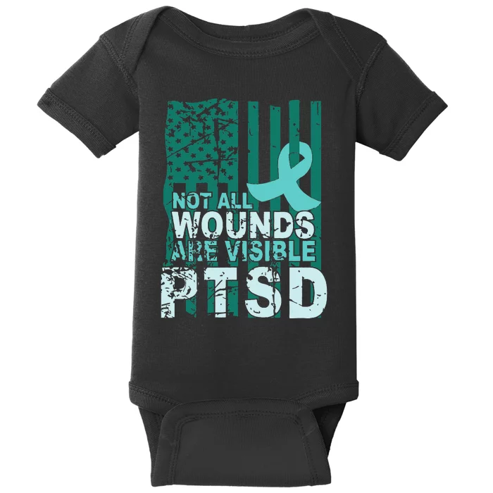 PTSD Awareness Not All Wounds Are Visible Teal Ribbon Flag Baby Bodysuit