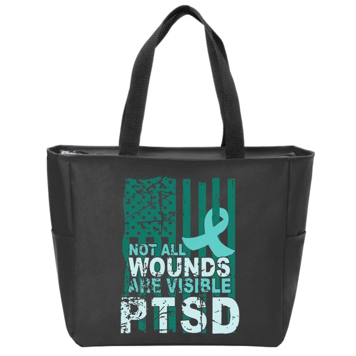 PTSD Awareness Not All Wounds Are Visible Teal Ribbon Flag Zip Tote Bag