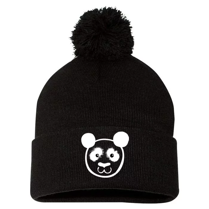 Panda Bear Face Silhouette Pom Pom 12in Knit Beanie