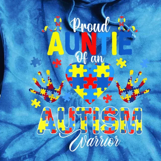 Proud Auntie of an Autism Awareness Ribbons Puzzle Hands Tie Dye Hoodie