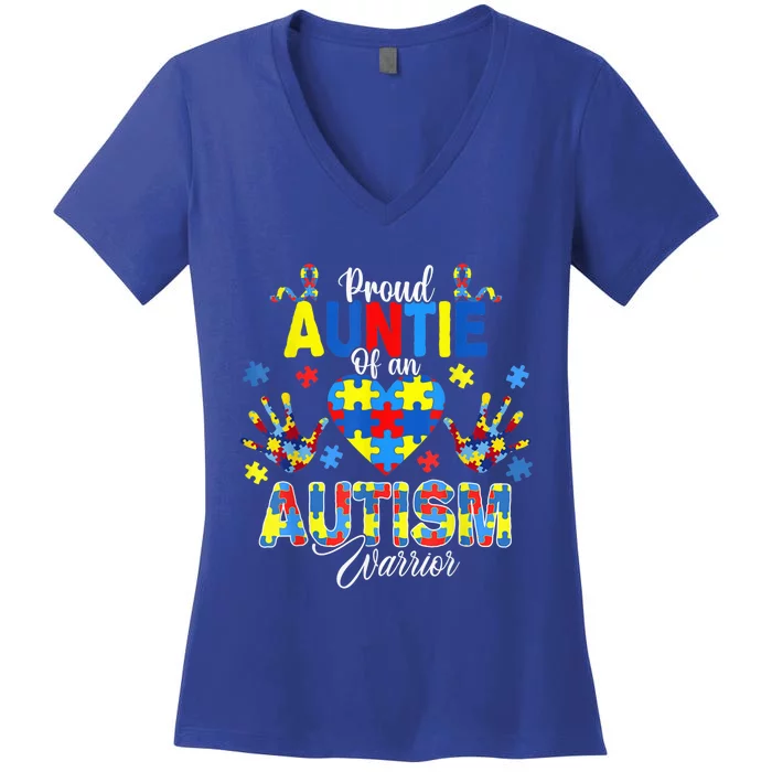 Proud Auntie of an Autism Awareness Ribbons Puzzle Hands Women's V-Neck T-Shirt