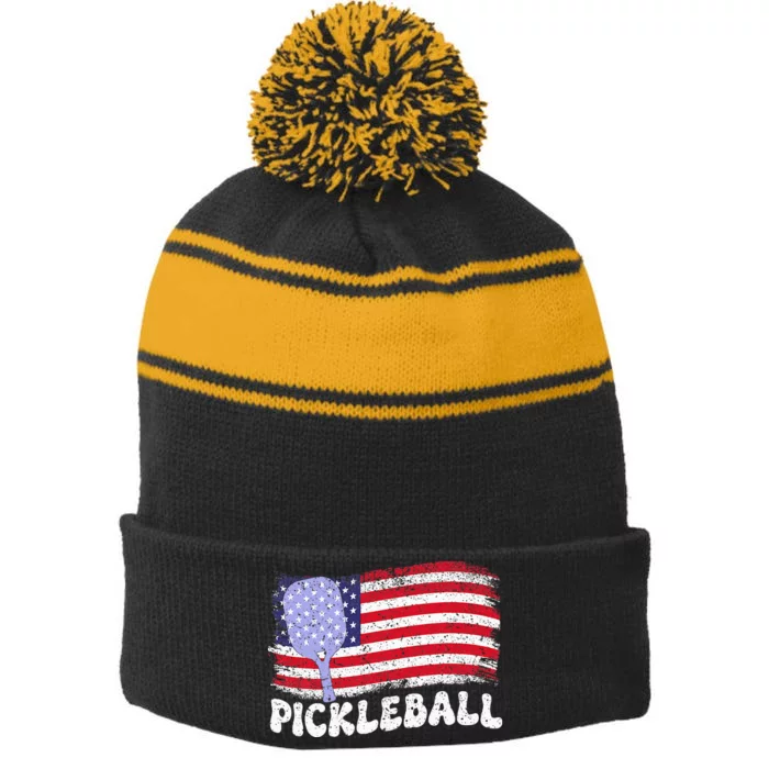 Patriotic American Pickleball Usa Flag Stripe Pom Pom Beanie