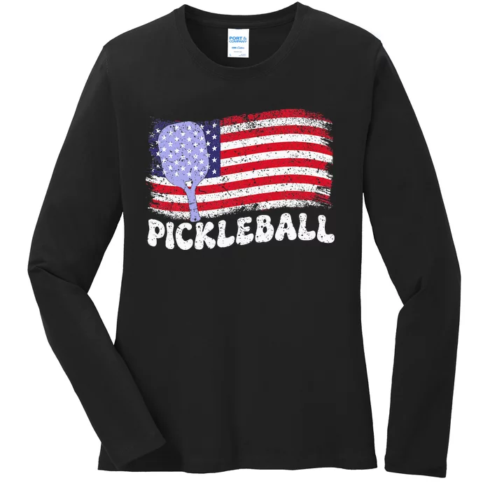 Patriotic American Pickleball Usa Flag Ladies Long Sleeve Shirt