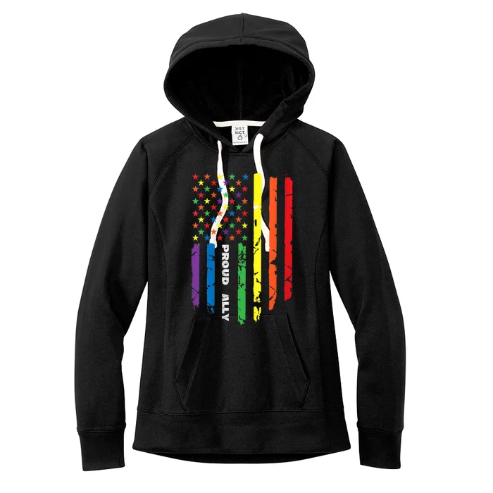 Proud Ally Rainbow Gay American Flag Lgbt Pride Month Women's Fleece Hoodie