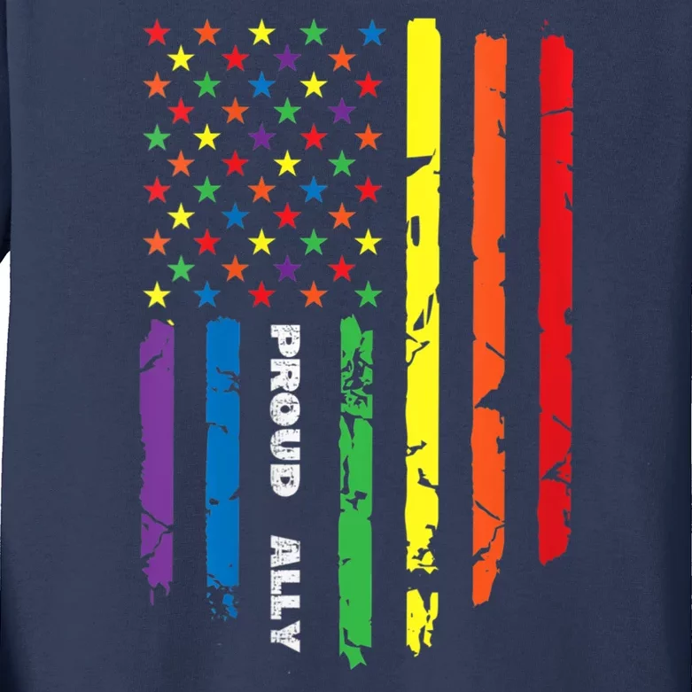 Proud Ally Rainbow Gay American Flag Lgbt Pride Month Kids Long Sleeve Shirt