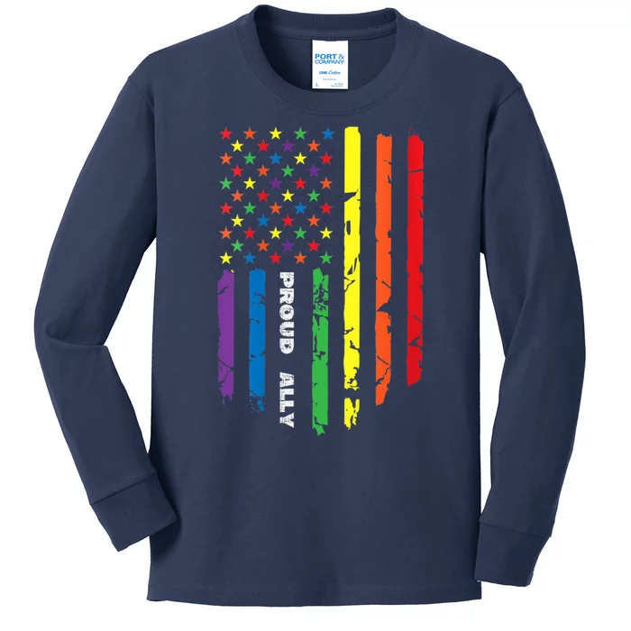 Proud Ally Rainbow Gay American Flag Lgbt Pride Month Kids Long Sleeve Shirt