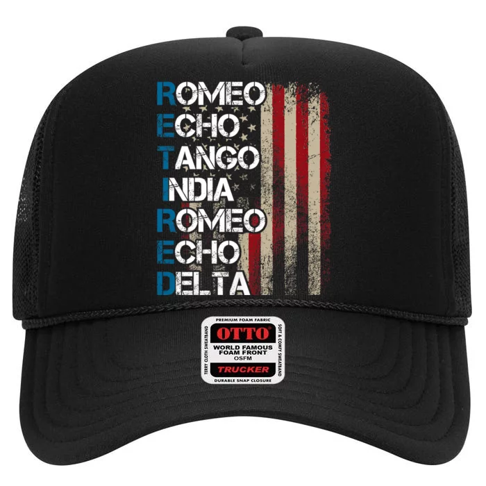 Phonetic Alphabet Retired Veteran Retirement Army Military High Crown Mesh Trucker Hat