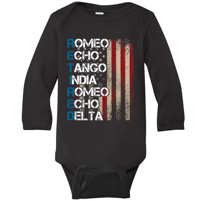 Phonetic Alphabet Retired Veteran Retirement Army Military Baby Long Sleeve Bodysuit