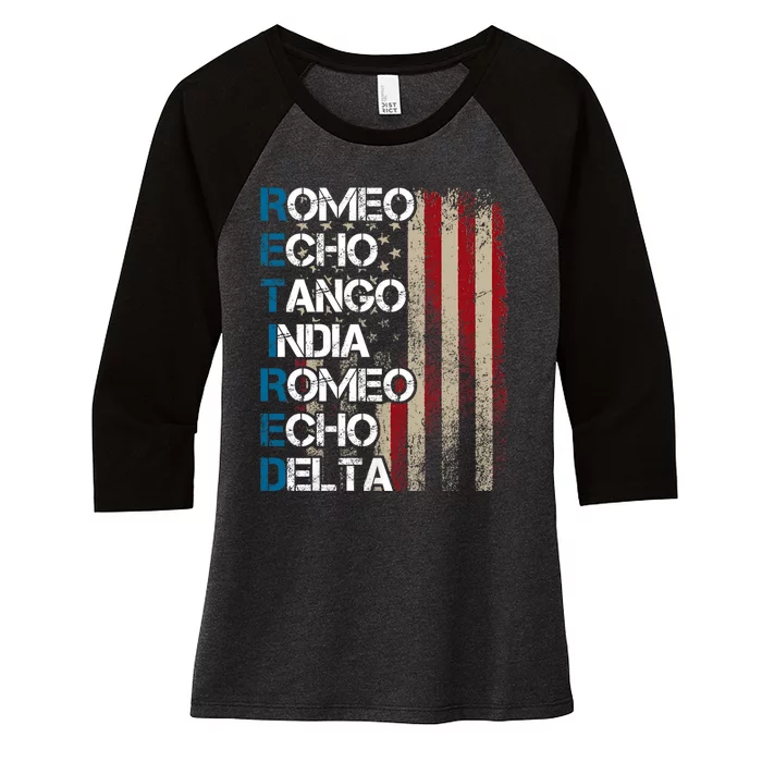 Phonetic Alphabet Retired Veteran Retirement Army Military Women's Tri-Blend 3/4-Sleeve Raglan Shirt