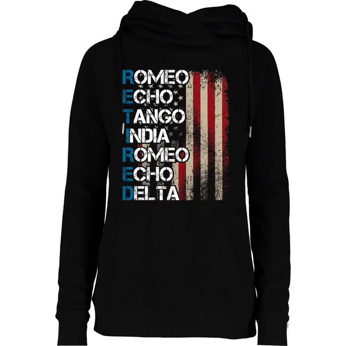 Phonetic Alphabet Retired Veteran Retirement Army Military Womens Funnel Neck Pullover Hood