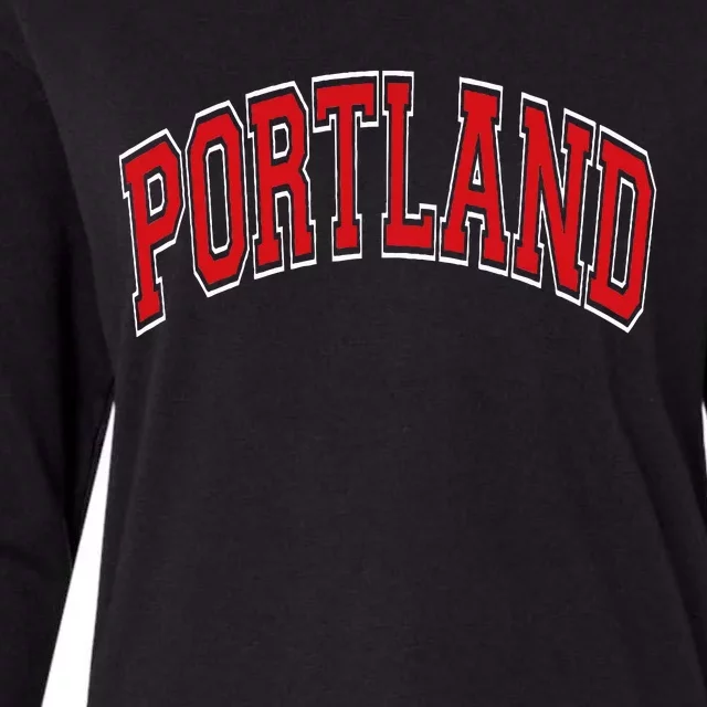 Portland Arched Red Text Womens Cotton Relaxed Long Sleeve T-Shirt