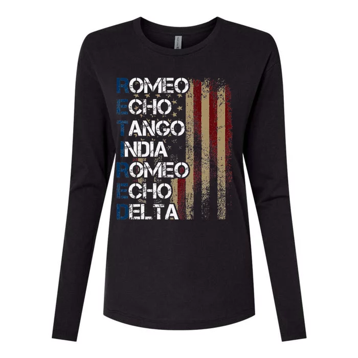 Phonetic Alphabet Retired Veteran Retirement Army Military Womens Cotton Relaxed Long Sleeve T-Shirt