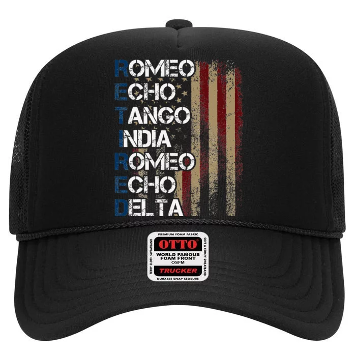 Phonetic Alphabet Retired Veteran Retirement Army Military High Crown Mesh Trucker Hat