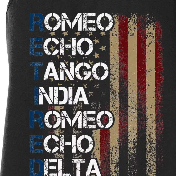 Phonetic Alphabet Retired Veteran Retirement Army Military Women's Racerback Tank