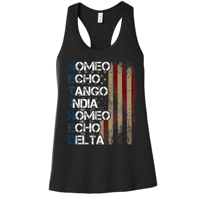 Phonetic Alphabet Retired Veteran Retirement Army Military Women's Racerback Tank