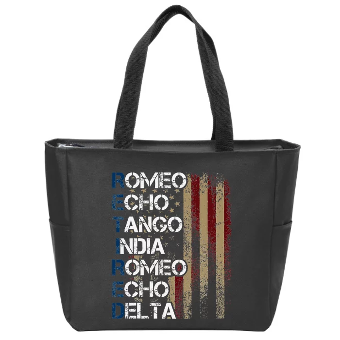 Phonetic Alphabet Retired Veteran Retirement Army Military Zip Tote Bag