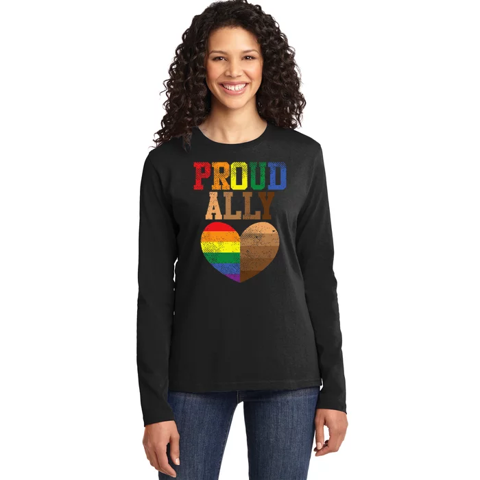 Proud Ally Rainbow Black Pride Heart Love Equality LGBT Gift Ladies Long Sleeve Shirt