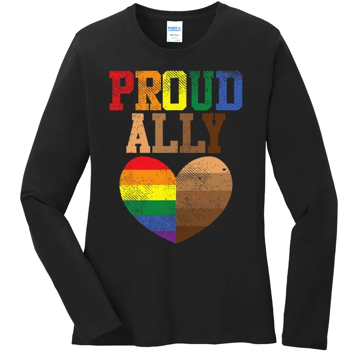 Proud Ally Rainbow Black Pride Heart Love Equality LGBT Gift Ladies Long Sleeve Shirt