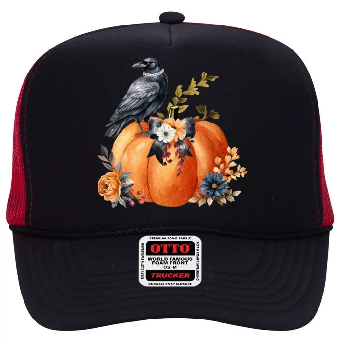 Pretty Autumn Raven Floral Pumpkin Fall Lover High Crown Mesh Trucker Hat