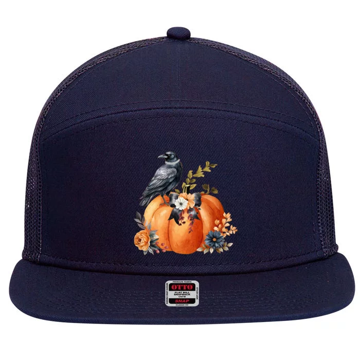 Pretty Autumn Raven Floral Pumpkin Fall Lover 7 Panel Mesh Trucker Snapback Hat