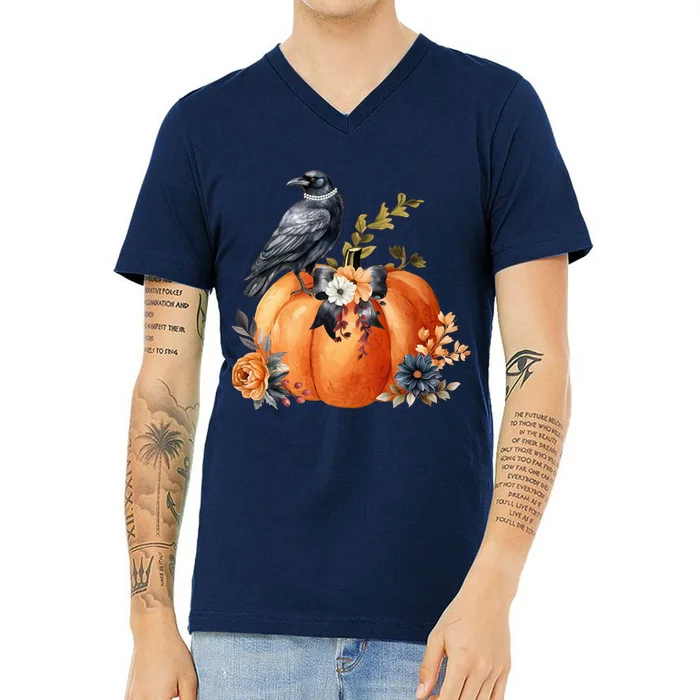 Pretty Autumn Raven Floral Pumpkin Fall Lover V-Neck T-Shirt