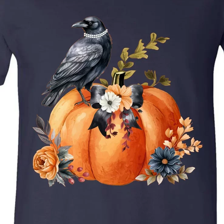 Pretty Autumn Raven Floral Pumpkin Fall Lover V-Neck T-Shirt