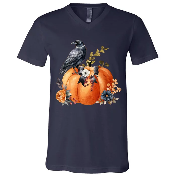 Pretty Autumn Raven Floral Pumpkin Fall Lover V-Neck T-Shirt