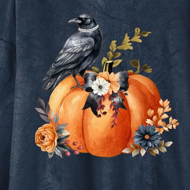 Pretty Autumn Raven Floral Pumpkin Fall Lover Hooded Wearable Blanket