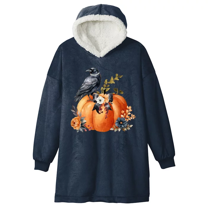 Pretty Autumn Raven Floral Pumpkin Fall Lover Hooded Wearable Blanket