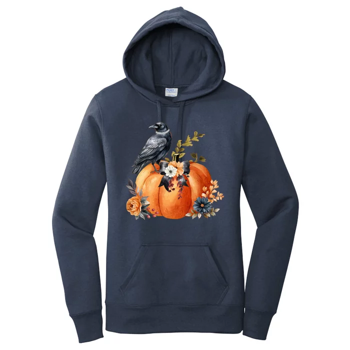 Pretty Autumn Raven Floral Pumpkin Fall Lover Women's Pullover Hoodie