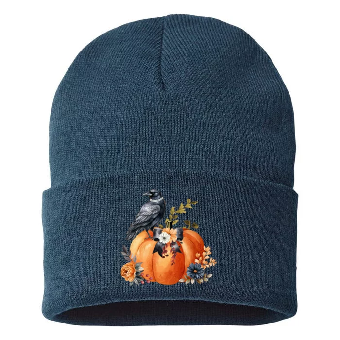 Pretty Autumn Raven Floral Pumpkin Fall Lover Sustainable Knit Beanie