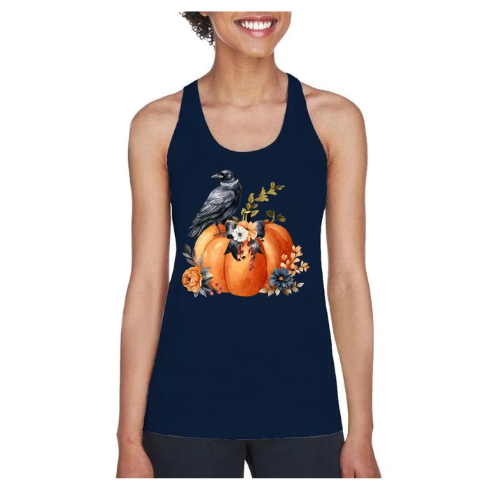 Pretty Autumn Raven Floral Pumpkin Fall Lover Women's Racerback Tank