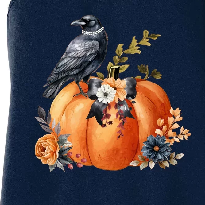 Pretty Autumn Raven Floral Pumpkin Fall Lover Women's Racerback Tank