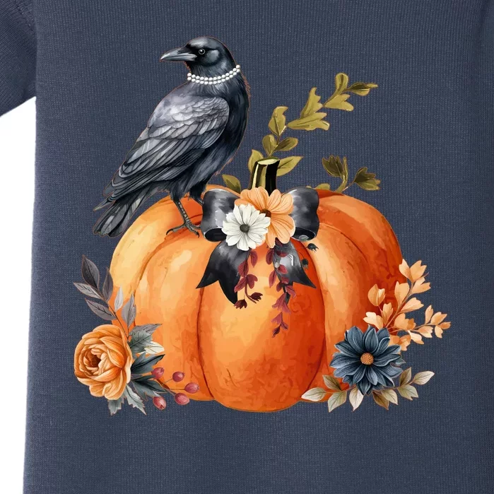 Pretty Autumn Raven Floral Pumpkin Fall Lover Baby Bodysuit