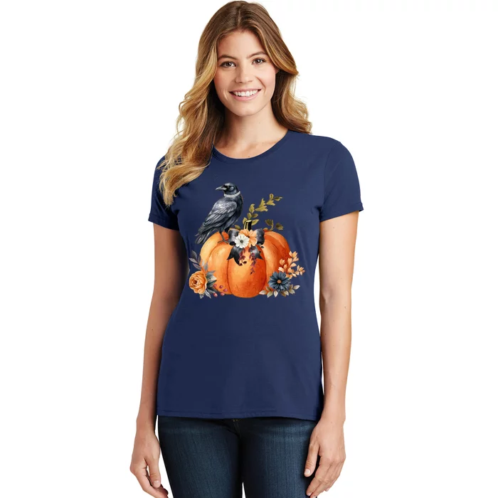 Pretty Autumn Raven Floral Pumpkin Fall Lover Women's T-Shirt