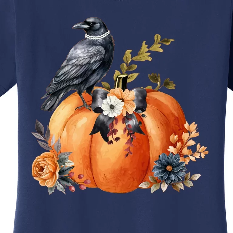 Pretty Autumn Raven Floral Pumpkin Fall Lover Women's T-Shirt