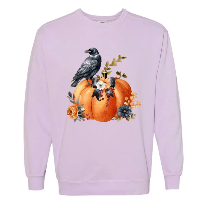 Pretty Autumn Raven Floral Pumpkin Fall Lover Garment-Dyed Sweatshirt