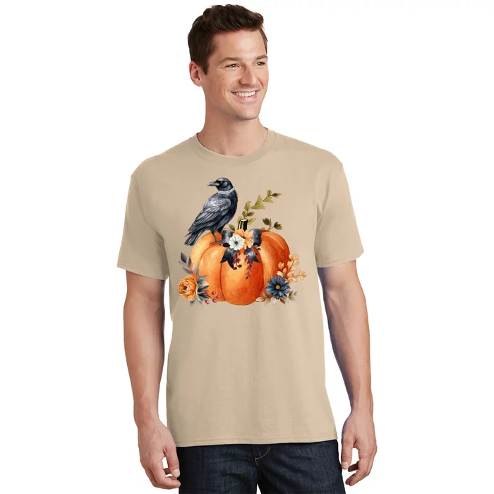 Pretty Autumn Raven Floral Pumpkin Fall Lover T-Shirt