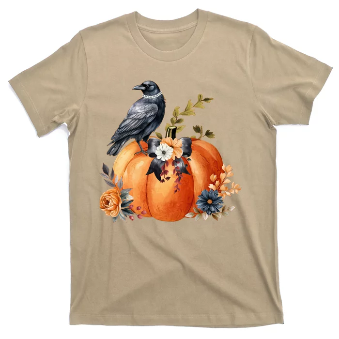 Pretty Autumn Raven Floral Pumpkin Fall Lover T-Shirt