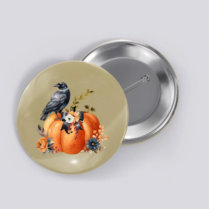 Pretty Autumn Raven Floral Pumpkin Fall Lover Button