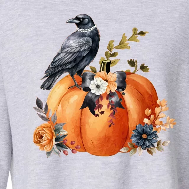 Pretty Autumn Raven Floral Pumpkin Fall Lover Cropped Pullover Crew