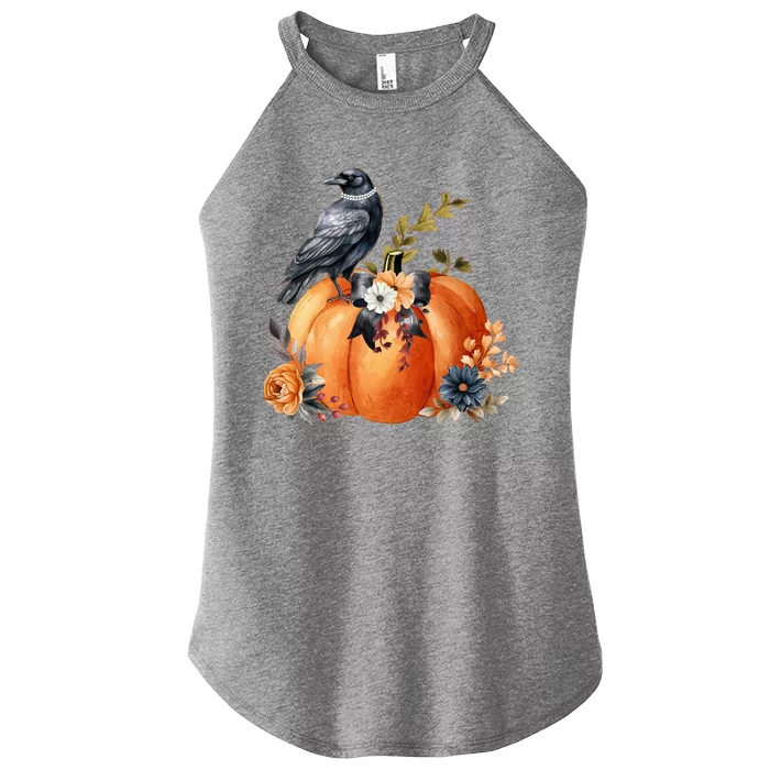 Pretty Autumn Raven Floral Pumpkin Fall Lover Women’s Perfect Tri Rocker Tank