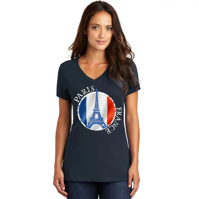 Paris France Peace Eiffel Tower Flag Women's V-Neck T-Shirt