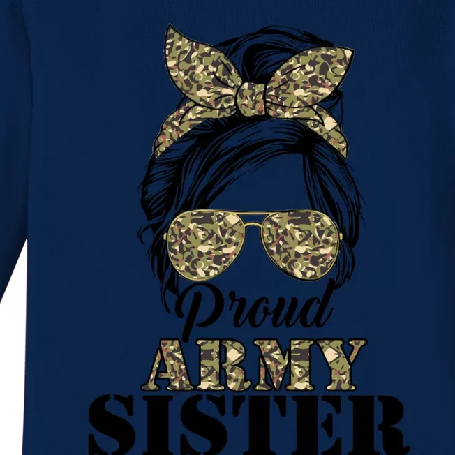 Proud Army Sister Camouflage Messy Bun Soldier Mother's Day Gift Baby Long Sleeve Bodysuit