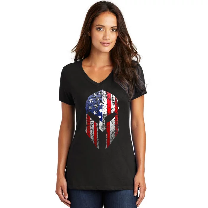 Patriotic American Spartan Warrior Usa Flag Helmet Women's V-Neck T-Shirt