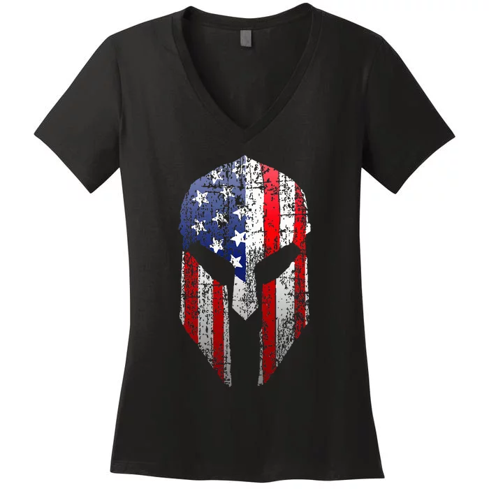 Patriotic American Spartan Warrior Usa Flag Helmet Women's V-Neck T-Shirt